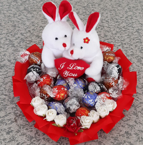 16 Lindt Chocolates on a Plateau with I love you Twin Rabbit plush
